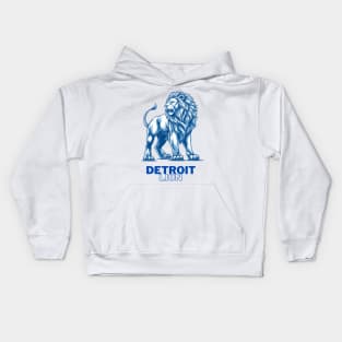 A blue lion stands majestically and is marked with the letters Detroit lion. Kids Hoodie